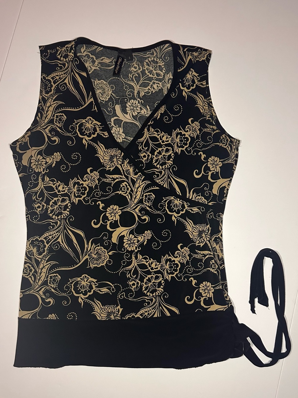 Y2K Office Siren Sleeveless Black & Tan Paisley Floral Wrap-Style Top